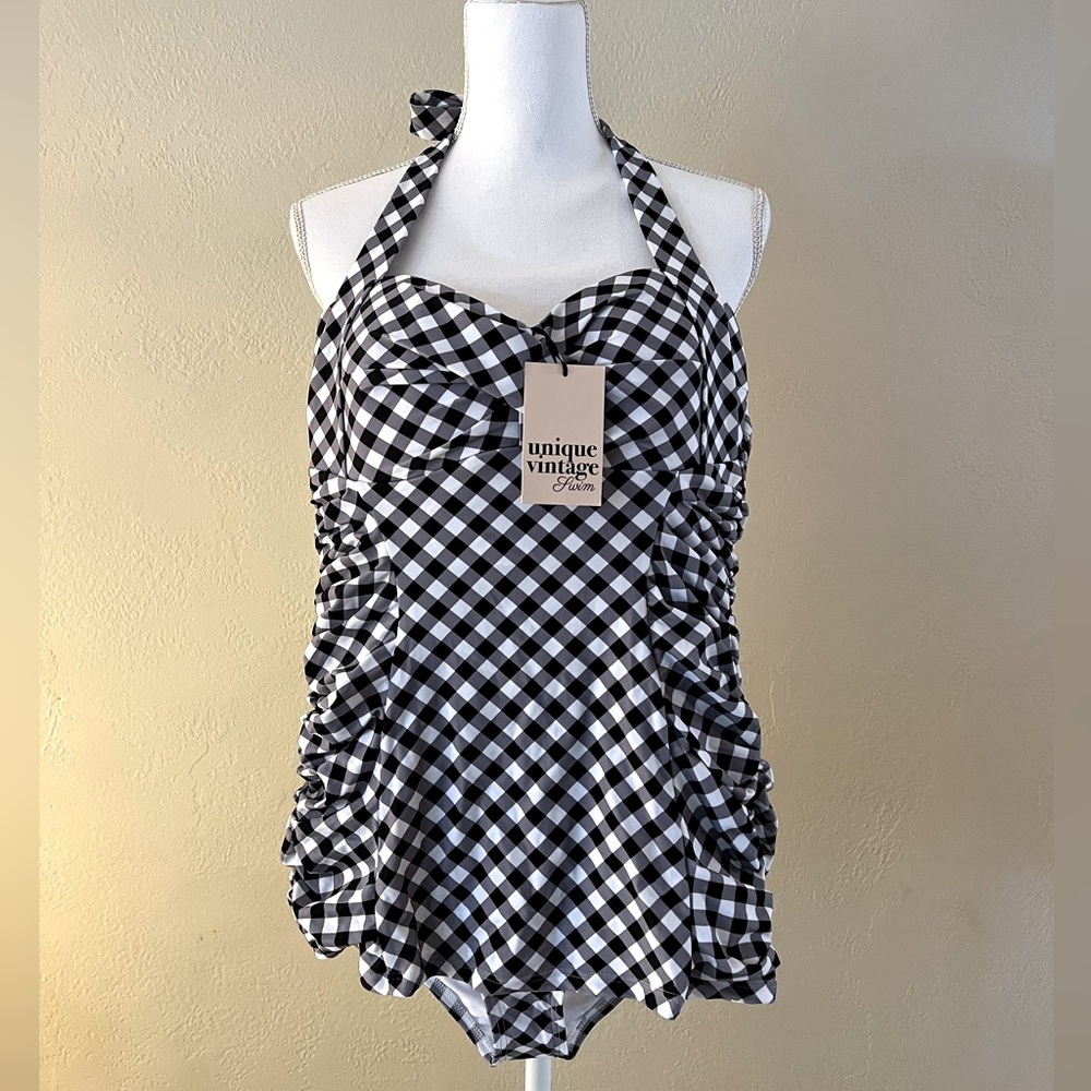 Unique Vintage Black & White Gingham Corinne Sheath Swimsuit, Size L, NWT
